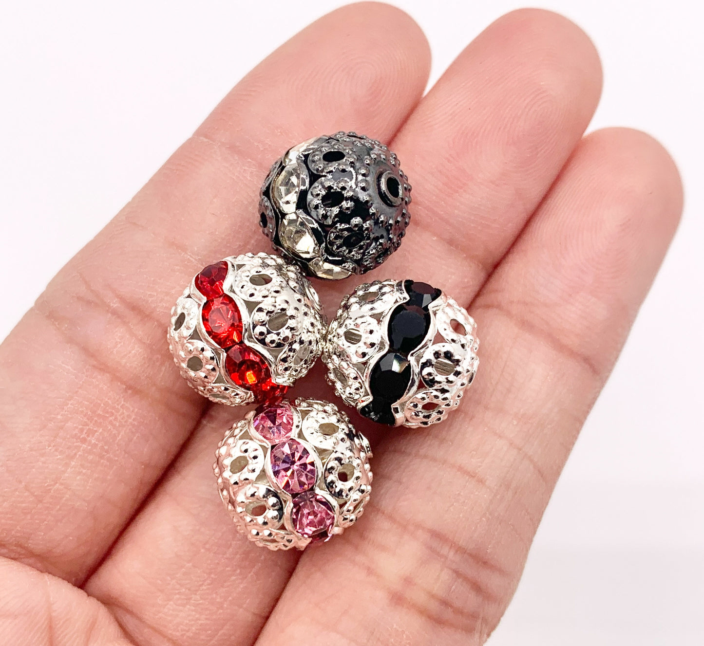 11.5-12mm Gunmetal & Silver Filigree Round Spacers with Crystal Beads | Available in 4 Colors  8-10 PCS