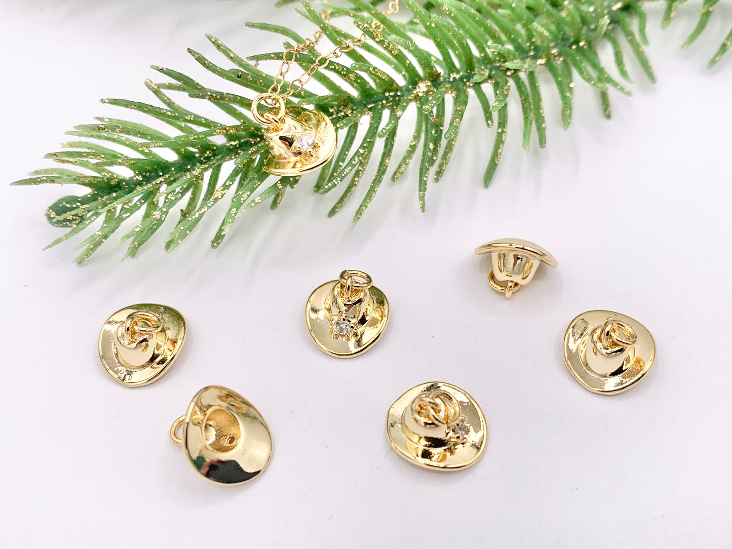 Cute Tiny Western Cowboy Hat with CZ Pave Star Texas Ranch Charms in 18K Gold Plated Copper 10 PCS