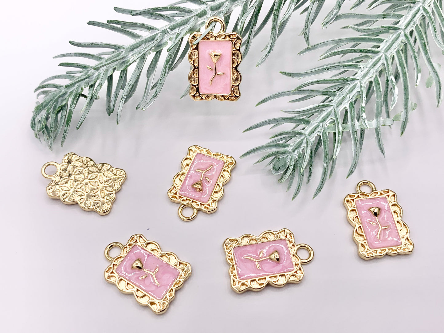 Pink Enamel Rose Rectangle Bar/Tag Pendant in Real Gold 18K Plated Over Copper 8 PCS