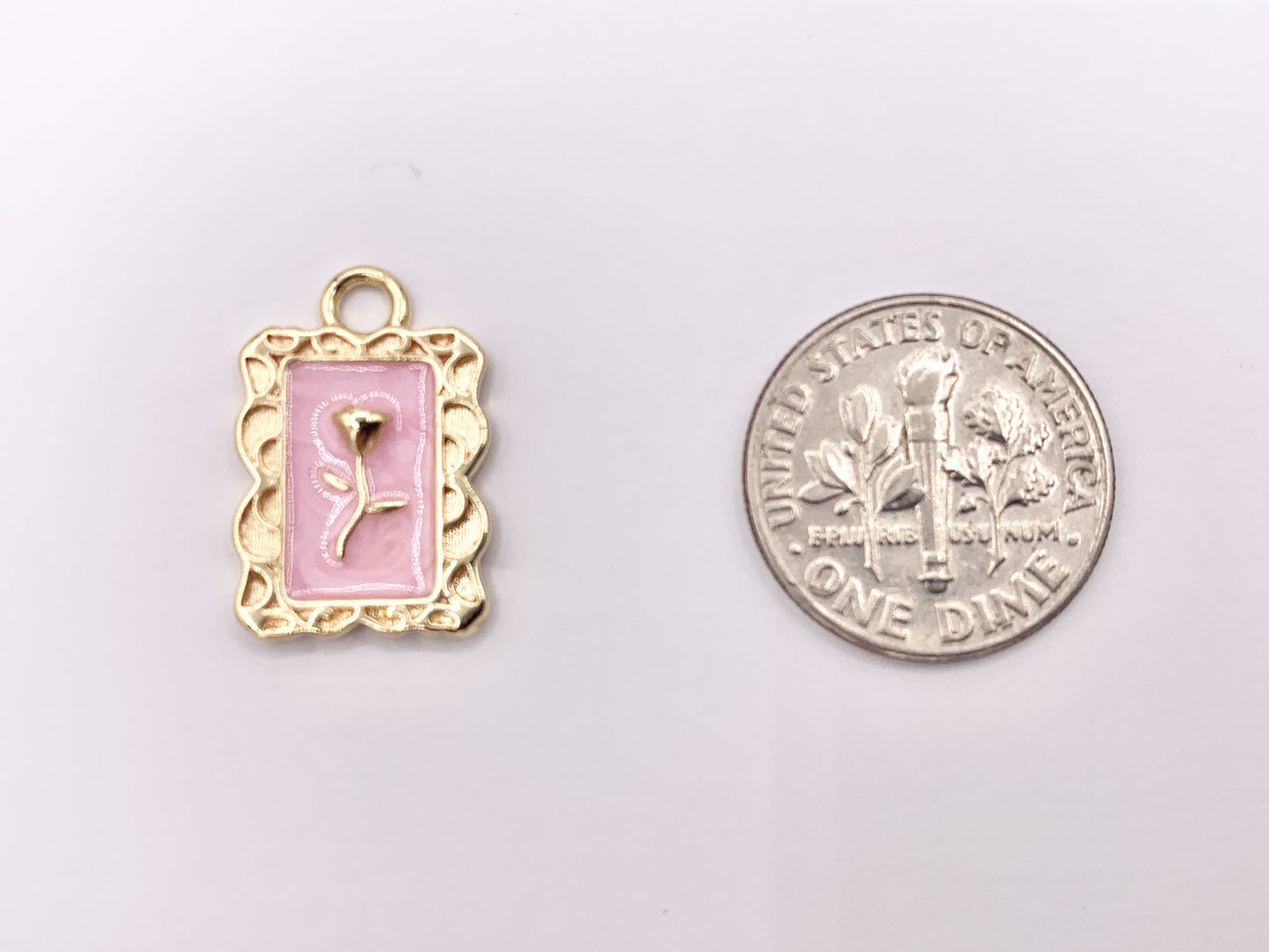 Pink Enamel Rose Rectangle Bar/Tag Pendant in Real Gold 18K Plated Over Copper 8 PCS