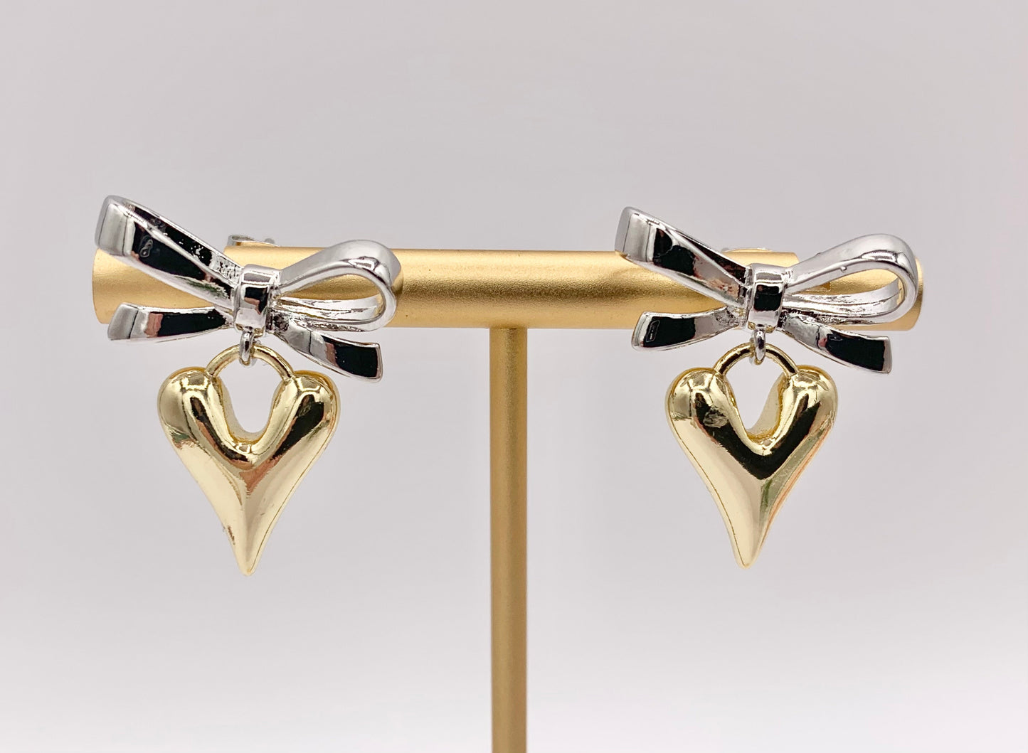 2 Tone Cute Bowtie + Heart Earring Studs in 18K Gold/Platinum Plated Over Copper Earrings 3 PAIRS