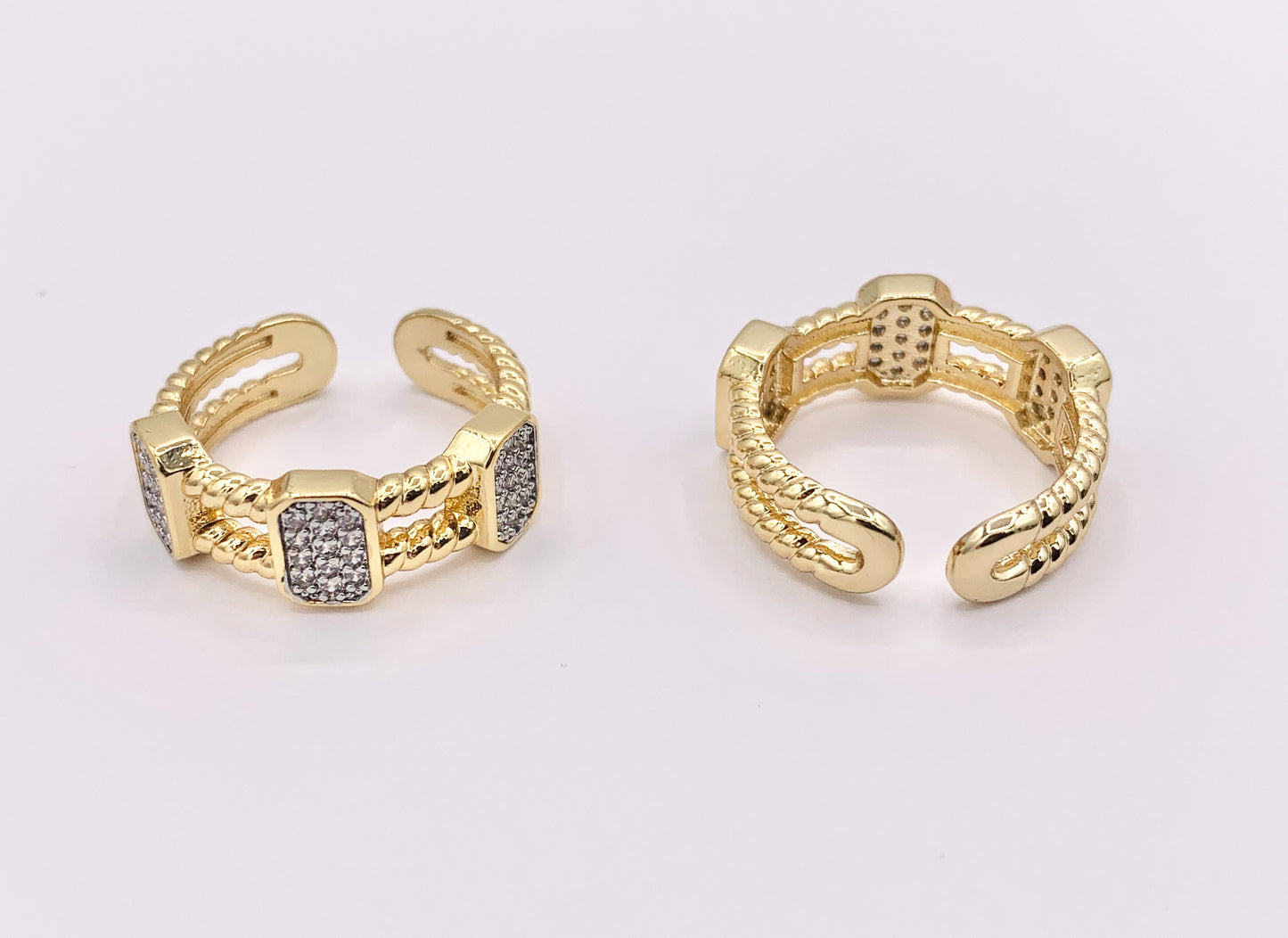 Beautiful 2 Tone Double Layers Band Rings with Silver CZ Pave Rectangles in 18K Gold and Silver Plated Copper 4 PCS