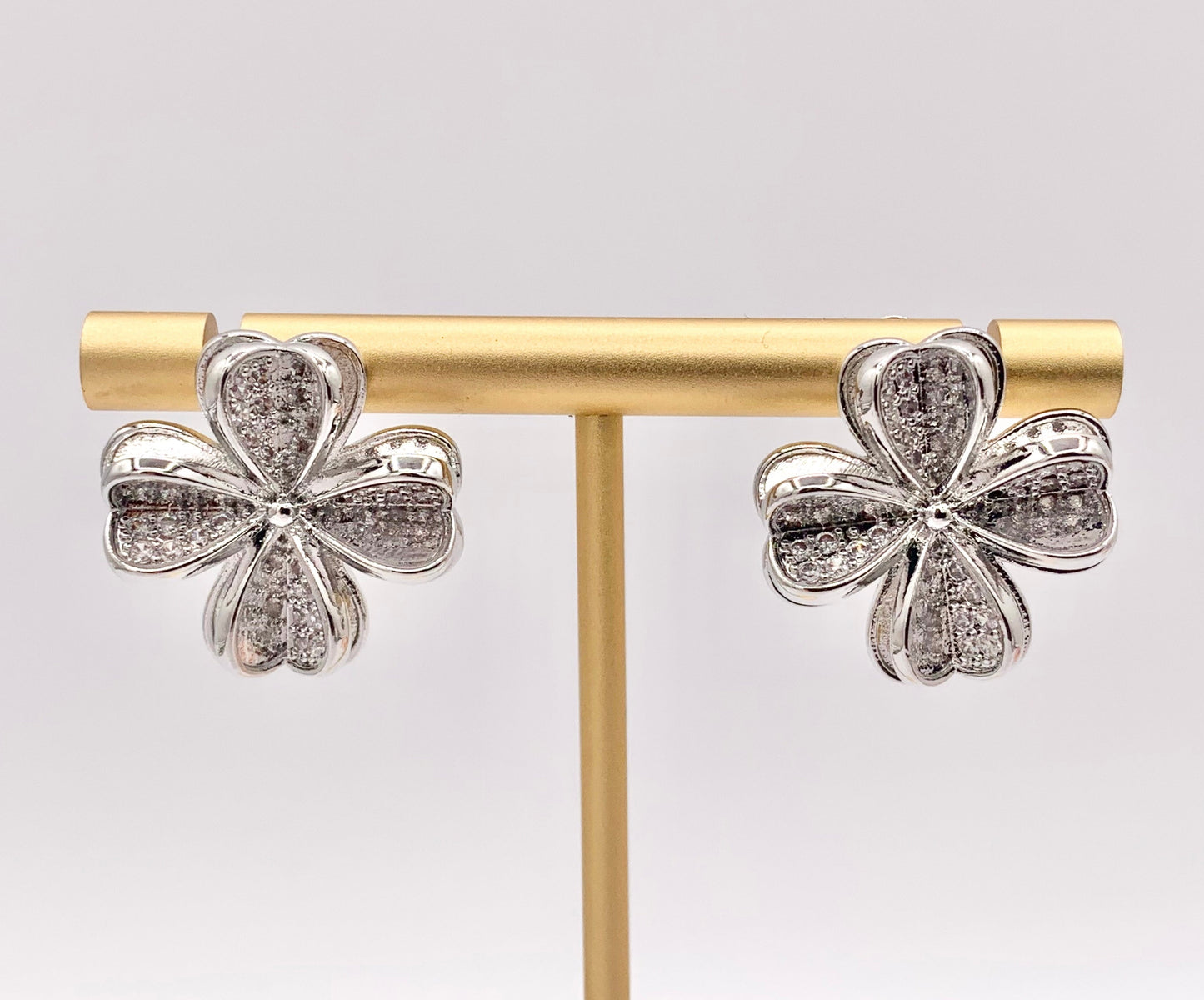 Cute Detailed 3D CZ Pave Flower Earring Studs in Real 18K Gold/Platinum Plated Over Copper 3 PAIRS
