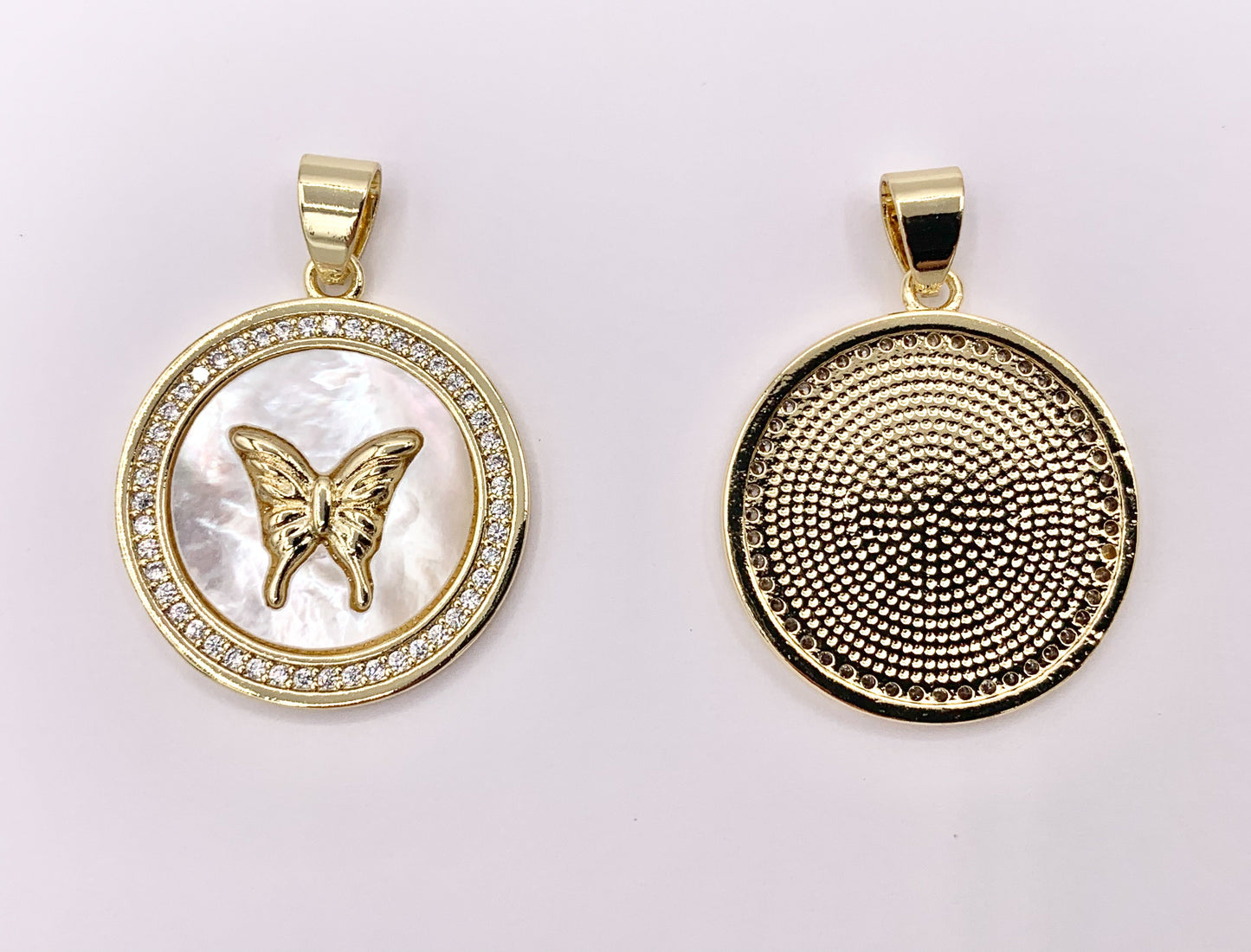 White Lip Shell Coin Butterfly Charm in Real Gold Plated 18K Micro CZ Pave Over Copper 4 PCS