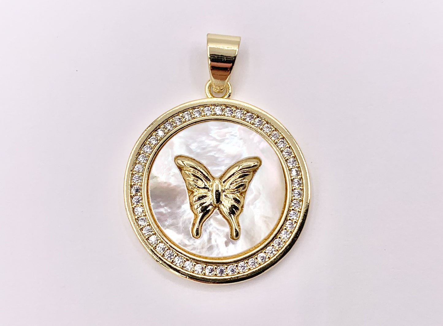 White Lip Shell Coin Butterfly Charm in Real Gold Plated 18K Micro CZ Pave Over Copper 4 PCS