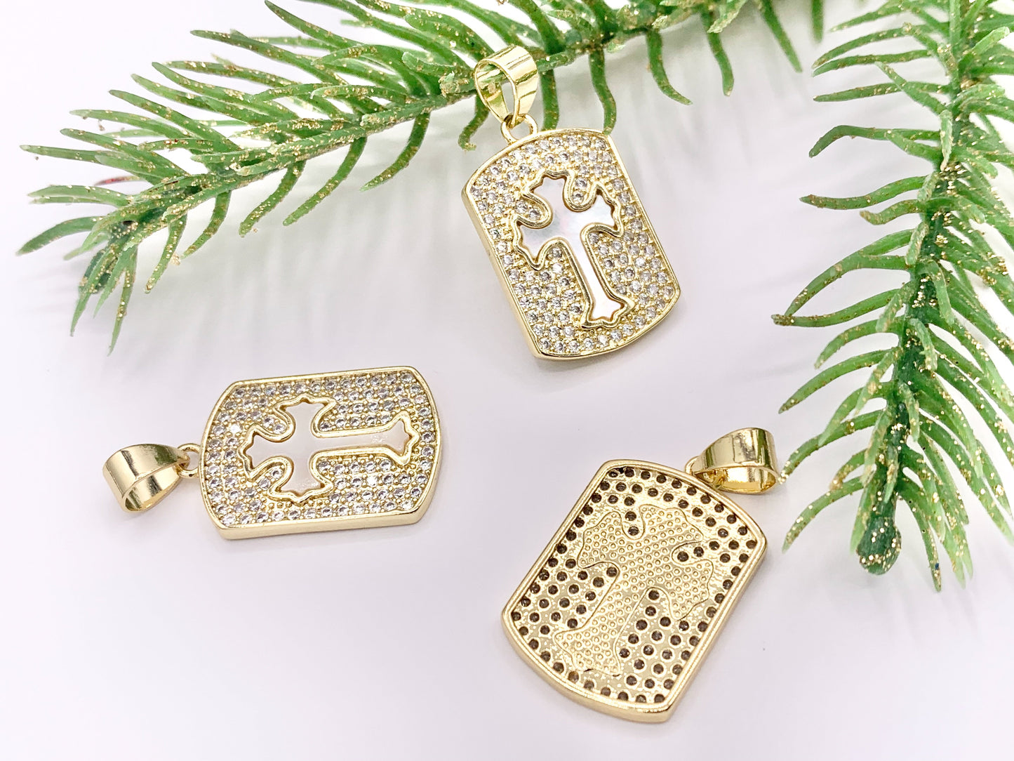 Religious CZ Pave Rectangular Pendants with White Lip Shell Cross in 18K Gold plated over Copper 4 PCS