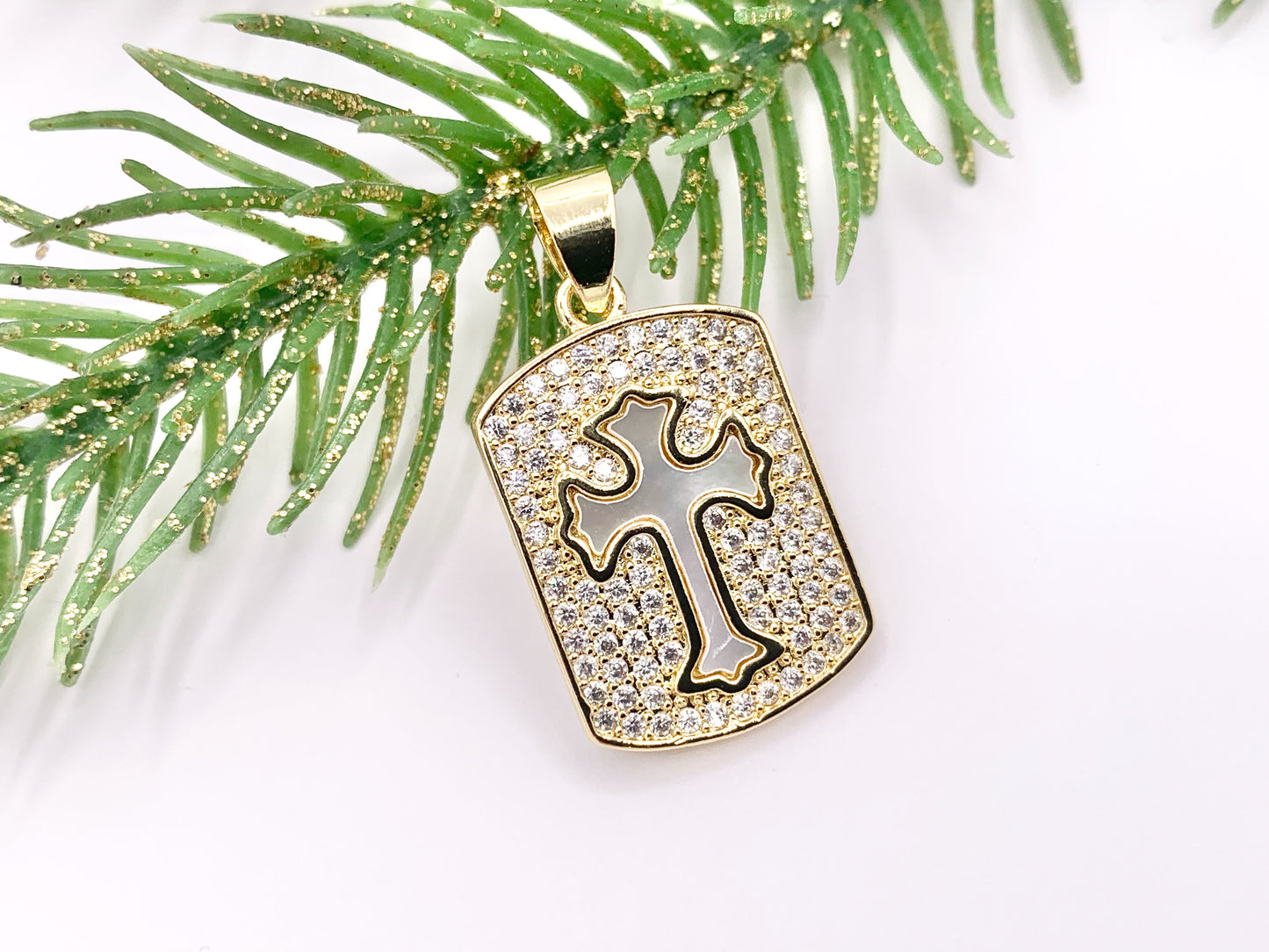 Religious CZ Pave Rectangular Pendants with White Lip Shell Cross in 18K Gold plated over Copper 4 PCS
