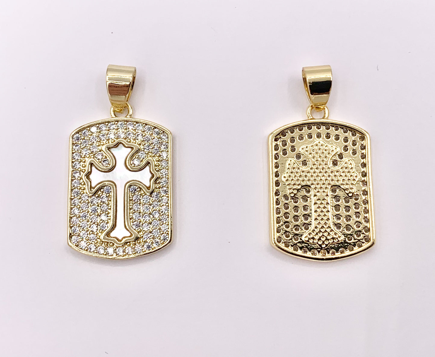 Religious CZ Pave Rectangular Pendants with White Lip Shell Cross in 18K Gold plated over Copper 4 PCS