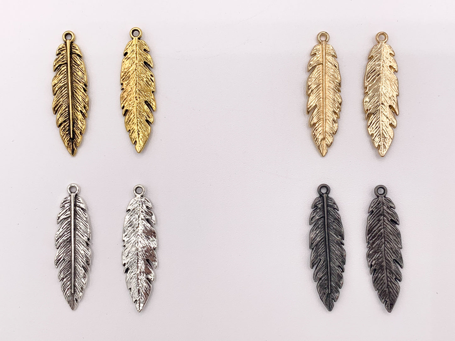 12x41mm Pewter Detailed Leaf Pendants Bulk Order in Rosy Gold, Antique Gold, Silver, Copper, Brass, Gunmetal, Blue And Green Patina