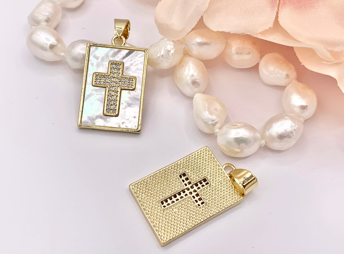 Religious White Lip Shell Rectangle Pendants with CZ Pave Cross in 18K Gold Plated over Copper 4 PCS