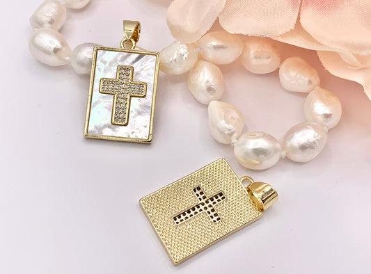 Religious White Lip Shell Rectangle Pendants with CZ Pave Cross in 18K Gold Plated over Copper 4 PCS