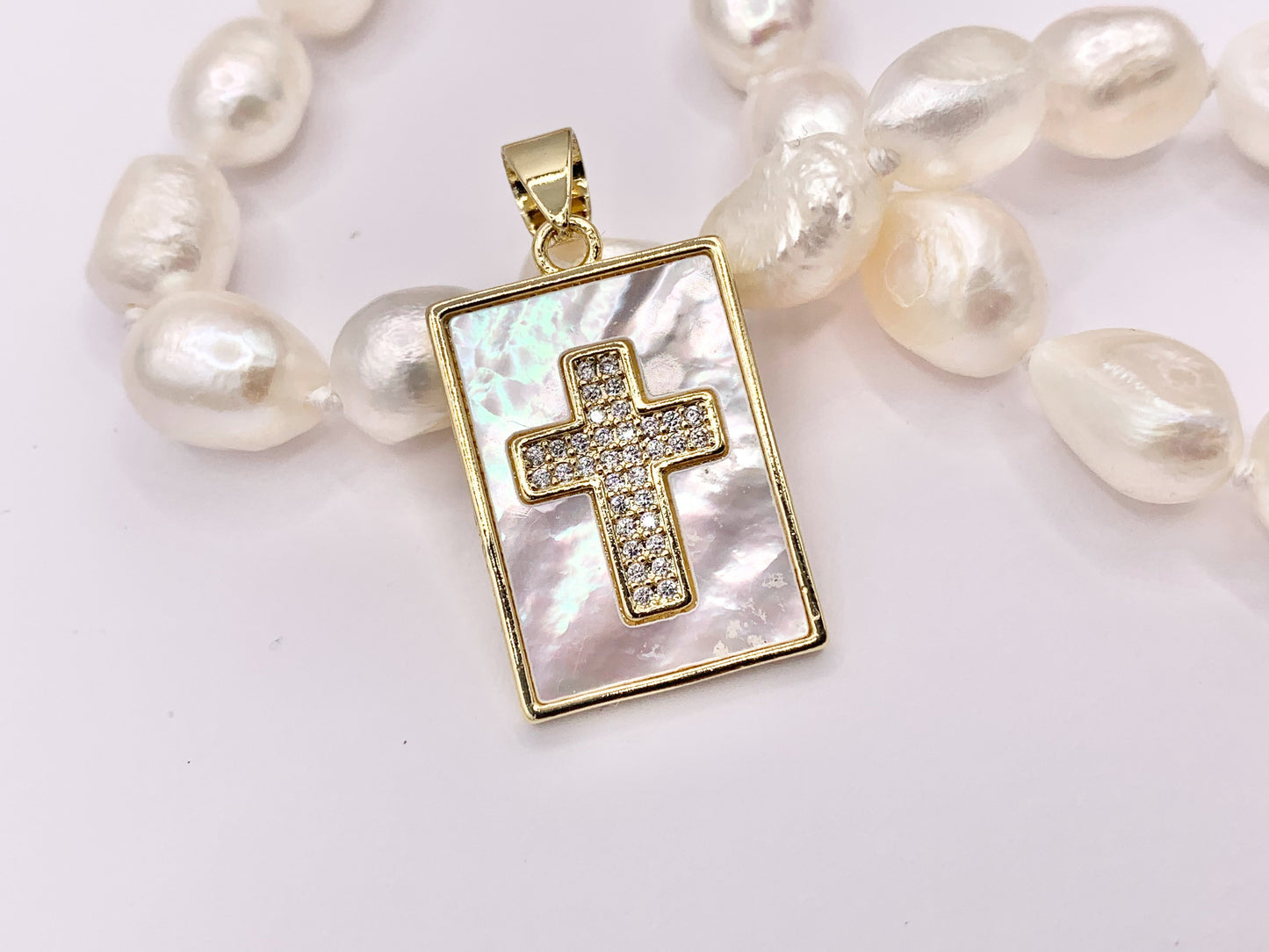 Religious White Lip Shell Rectangle Pendants with CZ Pave Cross in 18K Gold Plated over Copper 4 PCS