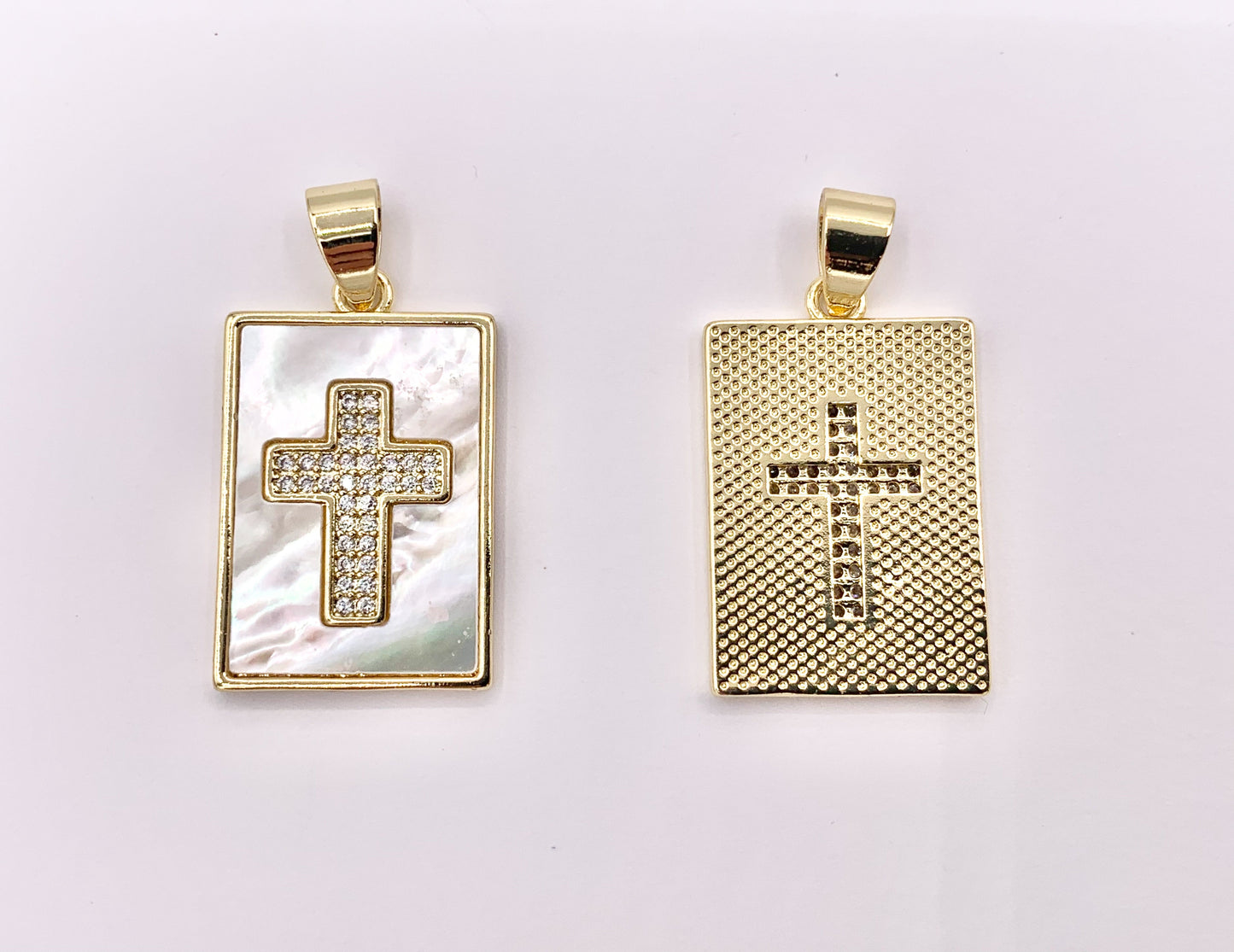 Religious White Lip Shell Rectangle Pendants with CZ Pave Cross in 18K Gold Plated over Copper 4 PCS