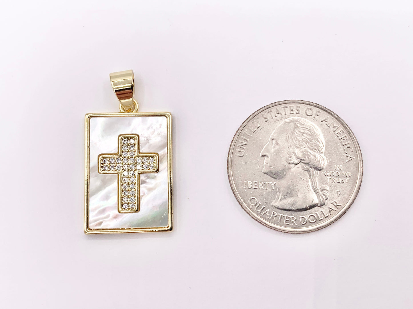 Religious White Lip Shell Rectangle Pendants with CZ Pave Cross in 18K Gold Plated over Copper 4 PCS