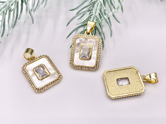 White Lip Shell Rectangle Pendants with CZ Pave in 18K Gold Plated over Copper 4 PCS