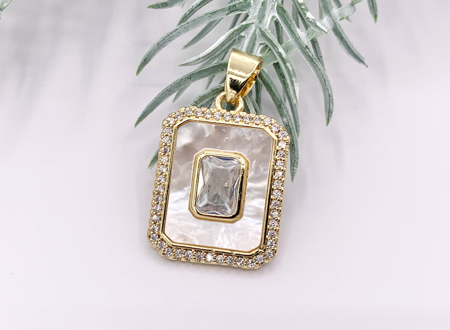 White Lip Shell Rectangle Pendants with CZ Pave in 18K Gold Plated over Copper 4 PCS