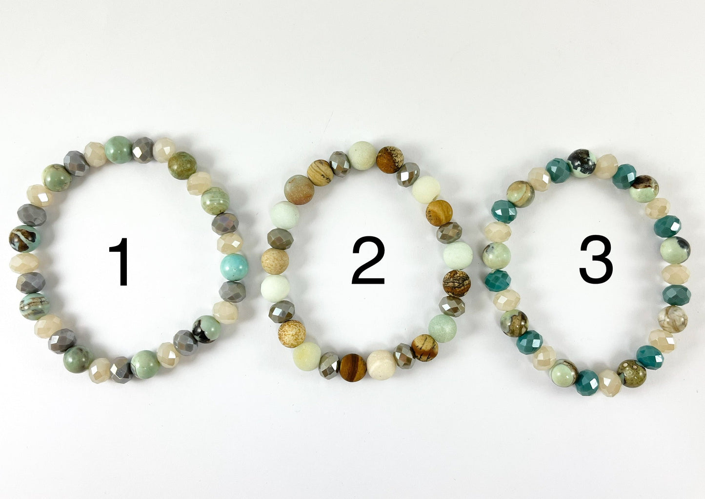 8mm Assorted Natural Stone with Shiny Crystals Stretchy Bracelets Enamel Agate/ Picture Jasper/ Amazonite/ Variscite/ Pink Zebra