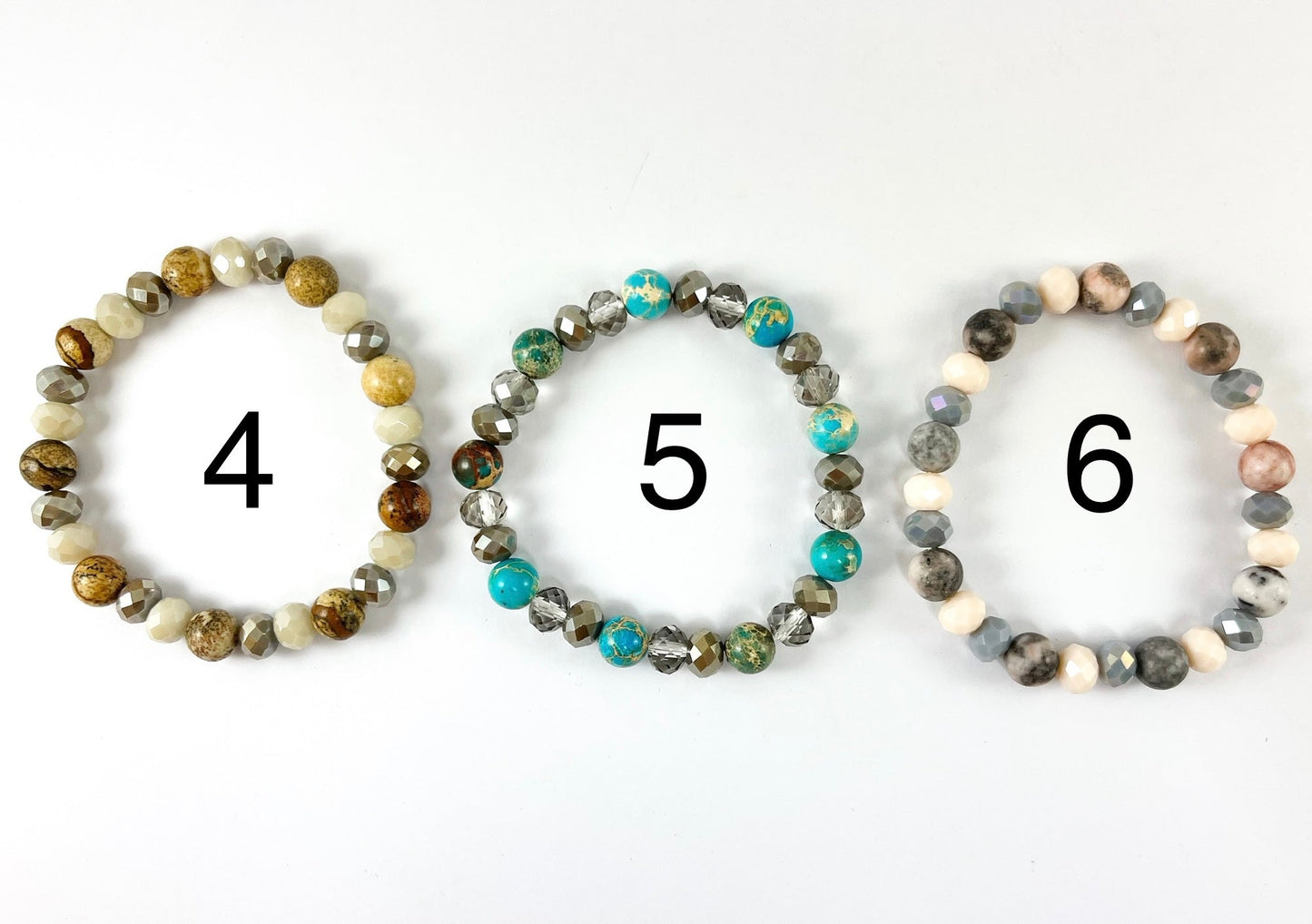 8mm Assorted Natural Stone with Shiny Crystals Stretchy Bracelets Enamel Agate/ Picture Jasper/ Amazonite/ Variscite/ Pink Zebra