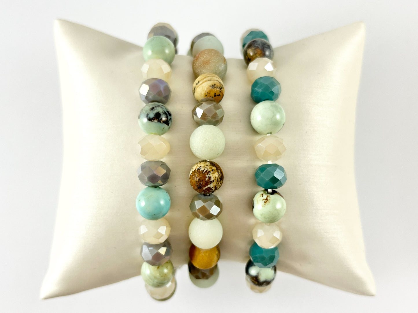 8mm Assorted Natural Stone with Shiny Crystals Stretchy Bracelets Enamel Agate/ Picture Jasper/ Amazonite/ Variscite/ Pink Zebra