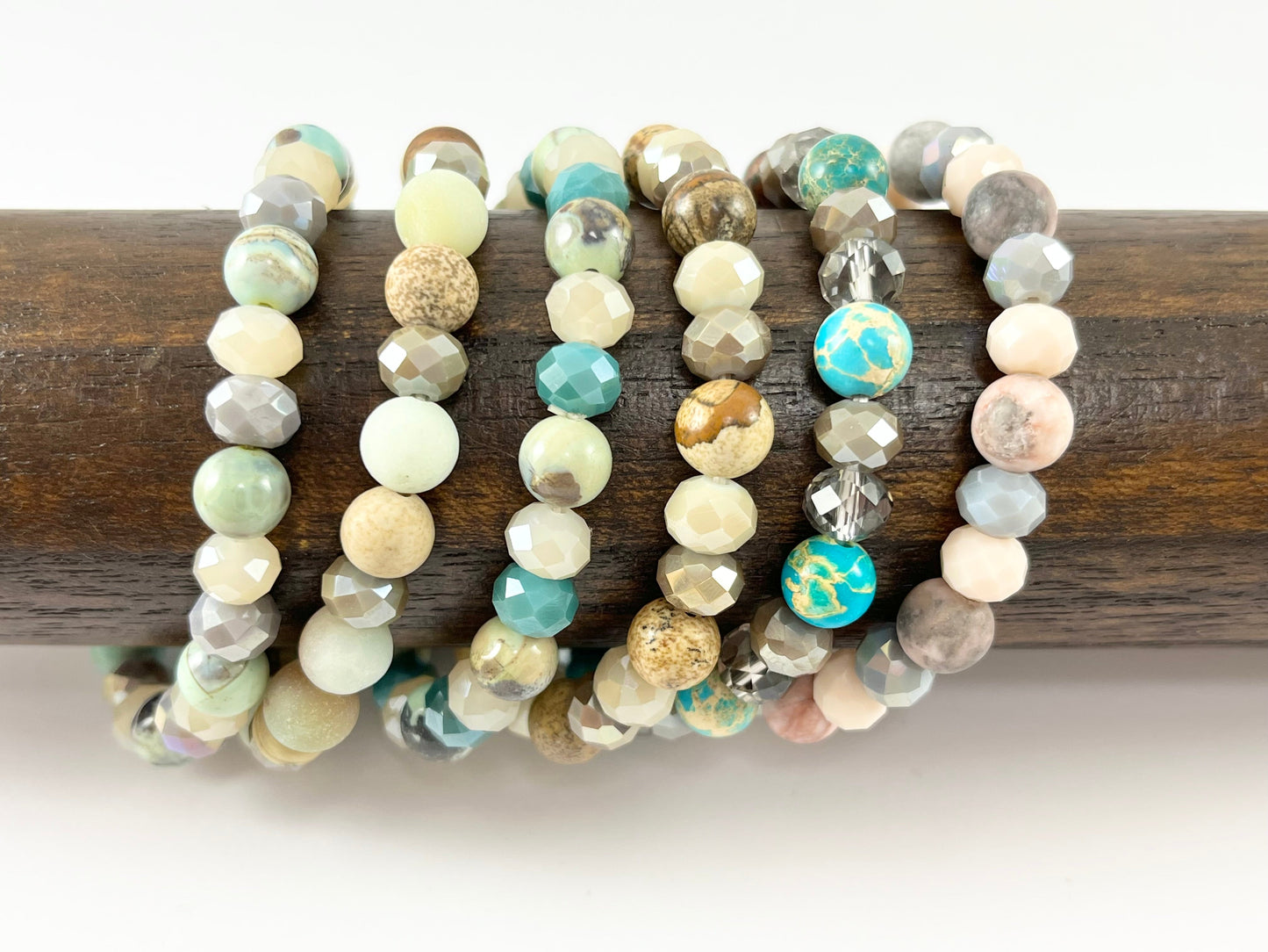 8mm Assorted Natural Stone with Shiny Crystals Stretchy Bracelets Enamel Agate/ Picture Jasper/ Amazonite/ Variscite/ Pink Zebra