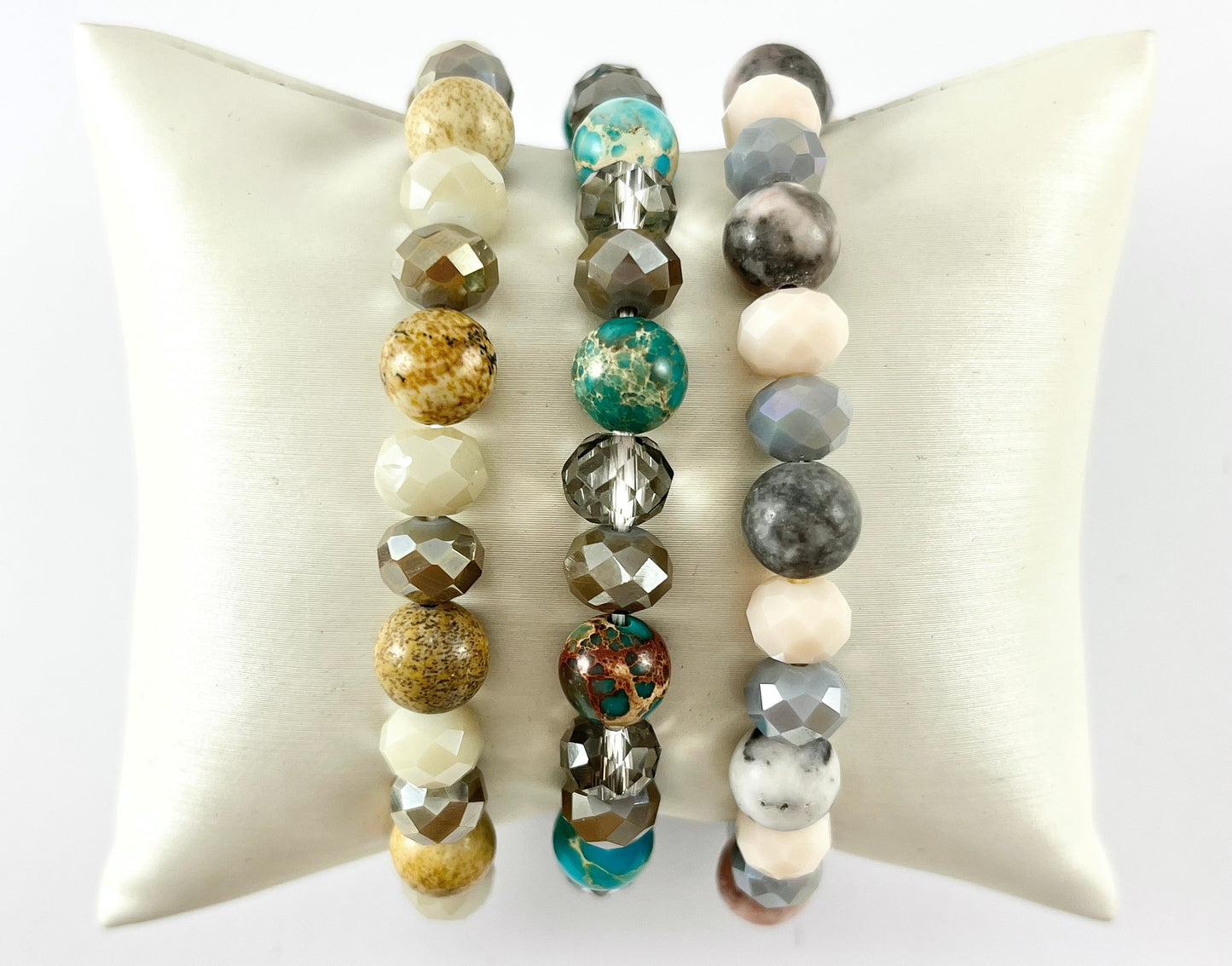 8mm Assorted Natural Stone with Shiny Crystals Stretchy Bracelets Enamel Agate/ Picture Jasper/ Amazonite/ Variscite/ Pink Zebra
