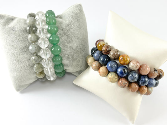 10mm Natural Stone Stretchy Bracelets Hand Cut Labradorite/ Clear Crackle Quartz/ Green Aventurine/ Aqua Terra/ Sodalite/ Coral Fossil