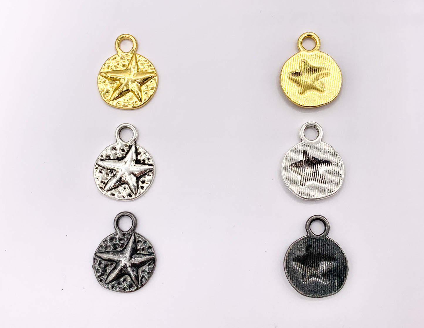 16mm Pewter Starfish Carved Circle Pendants One Sided Sealife Coin Charms Bulk Order in Gold, Silver, Brass, Copper, Gunmetal, Green Patina