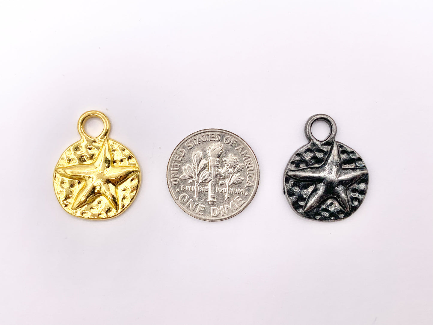 16mm Pewter Starfish Carved Circle Pendants One Sided Sealife Coin Charms Bulk Order in Gold, Silver, Brass, Copper, Gunmetal, Green Patina