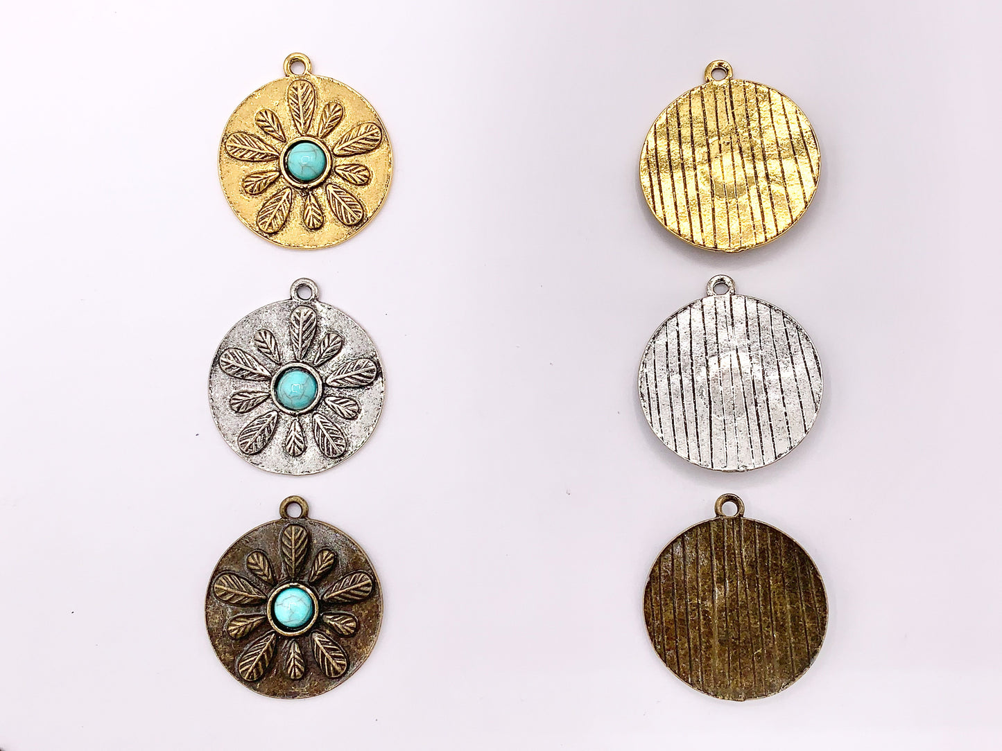 26mm Pewter Flower With Turquoise Charms Cute Floral Pendants in Gold, Silver and Bronze Color 10 PCS