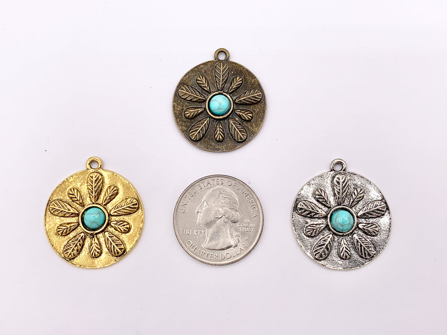 26mm Pewter Flower With Turquoise Charms Cute Floral Pendants in Gold, Silver and Bronze Color 10 PCS