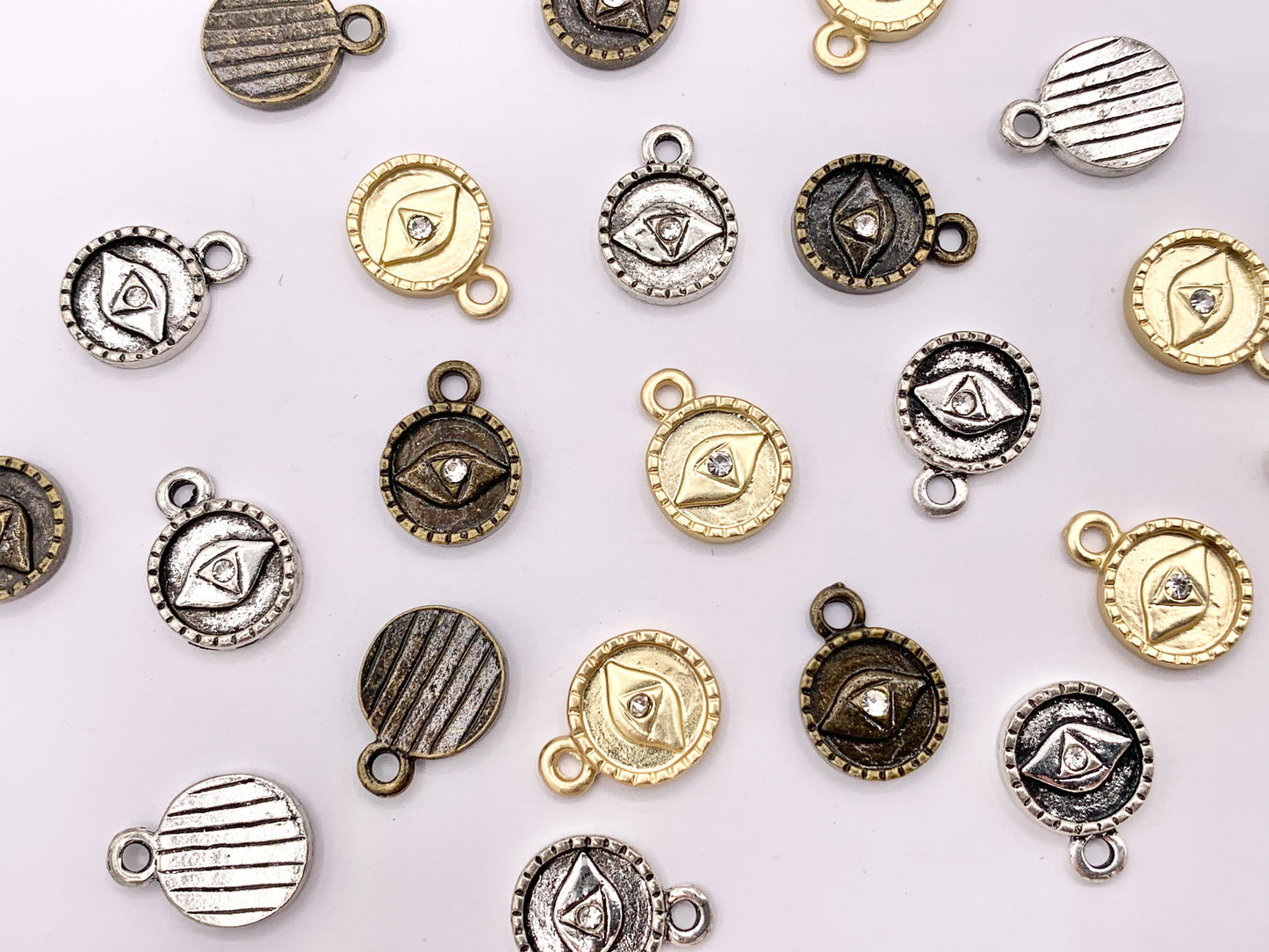10mm Pewter Evil Eye Crystal Circle Pendants Cute Coin One Sided Charms in Matte Gold, Silver, Brass
