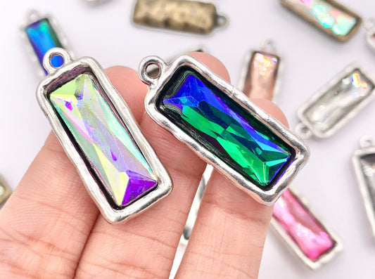 13x33mm Pewter Soldered Crystal Skinny Rectangle Silver And Bronze Pendant Available in 9 Colors 6 PCS