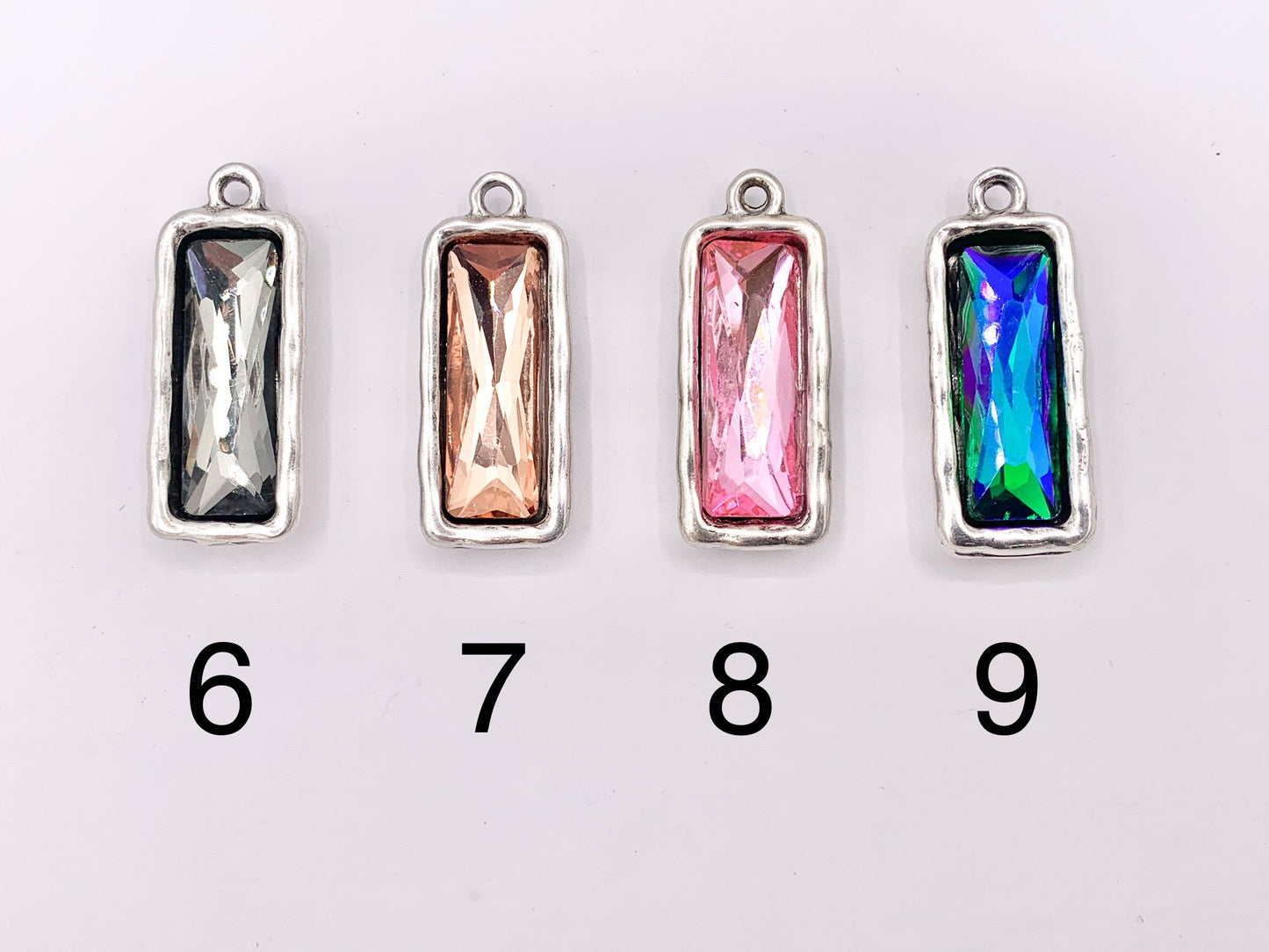 13x33mm Pewter Soldered Crystal Skinny Rectangle Silver And Bronze Pendant Available in 9 Colors 6 PCS