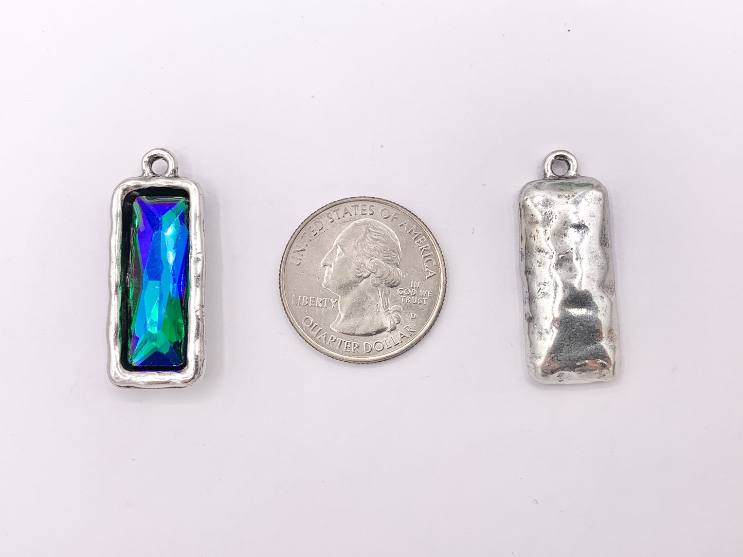 13x33mm Pewter Soldered Crystal Skinny Rectangle Silver And Bronze Pendant Available in 9 Colors 6 PCS