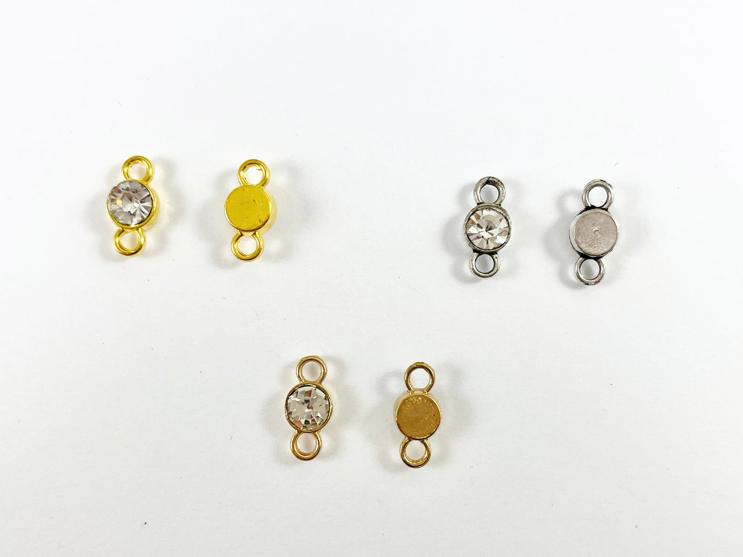 7mm Pewter Tiny Clear Crystal Mini Diamond Coin 2 Loop Connector Available in Bronze, Copper, Gold, Silver and Gunmetal 50 PCS
