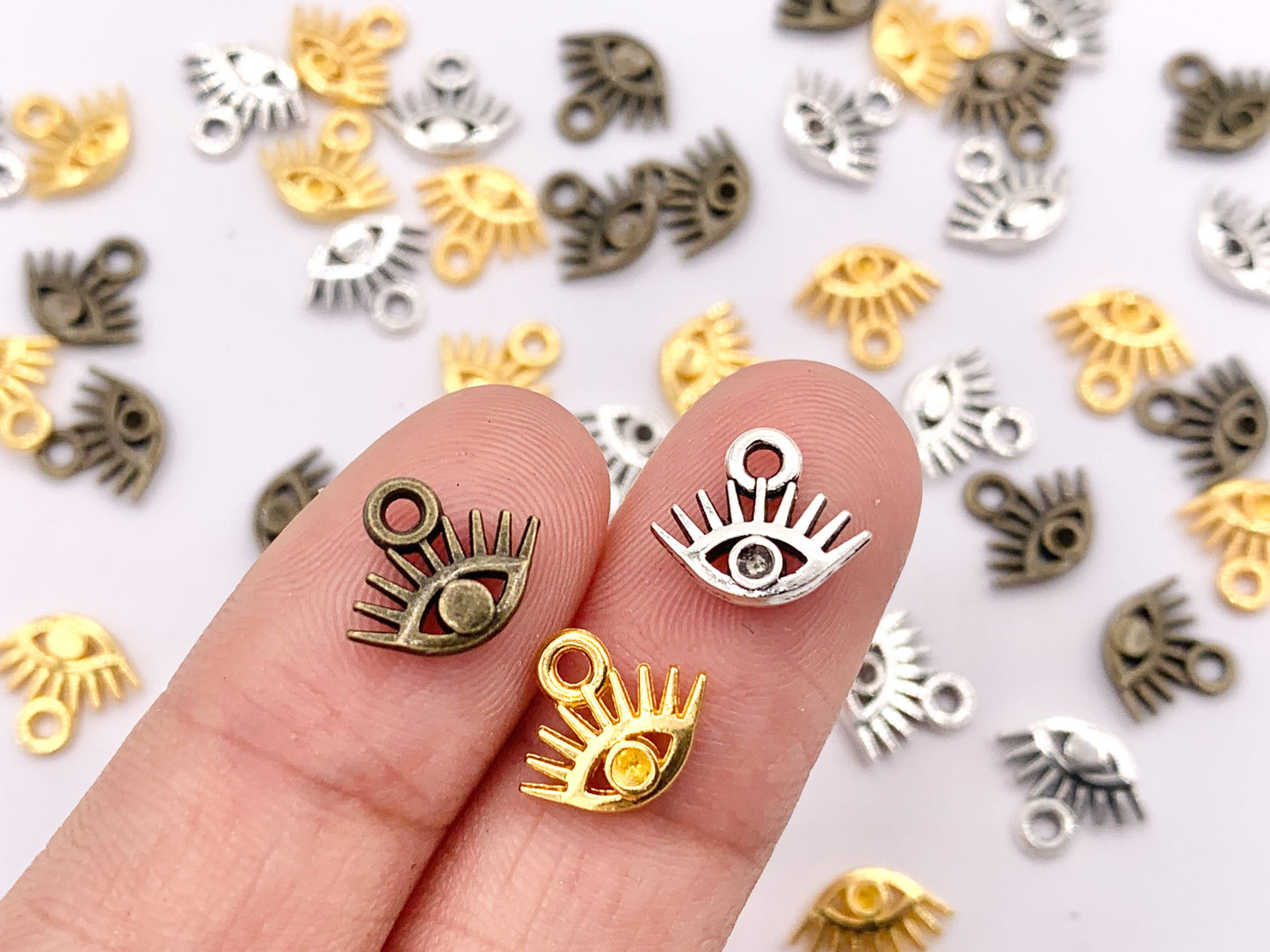 10x8mm Pewter Tiny Cute Evil Eye Charms Bulk Order in Gold, Silver, Brass 125g