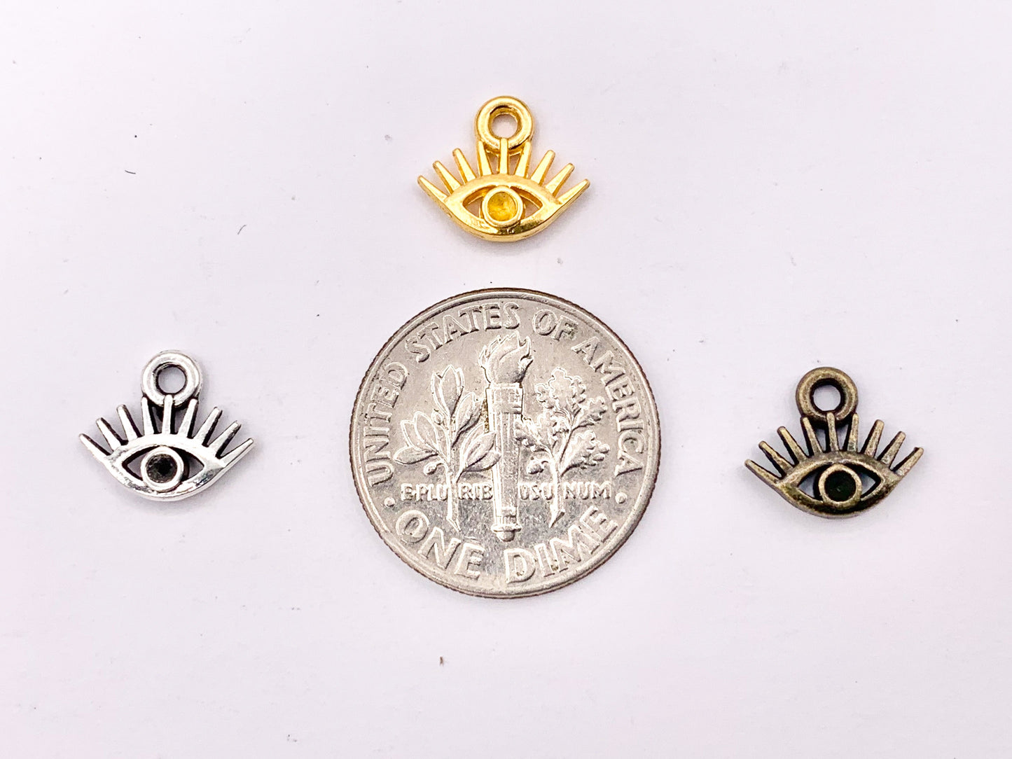 10x8mm Pewter Tiny Cute Evil Eye Charms Bulk Order in Gold, Silver, Brass 125g