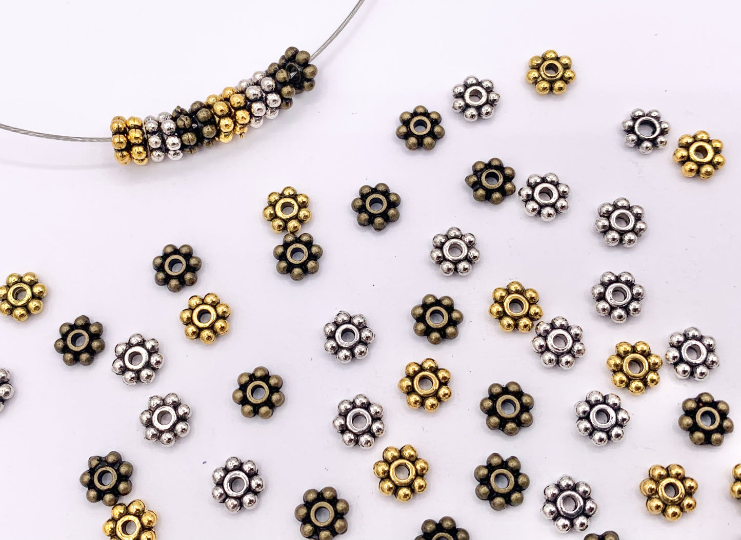 6mm Pewter Tiny Daisy Spacer Beads Cute Flower Space Beads in Gold, Silver, and Bronze Color 125g