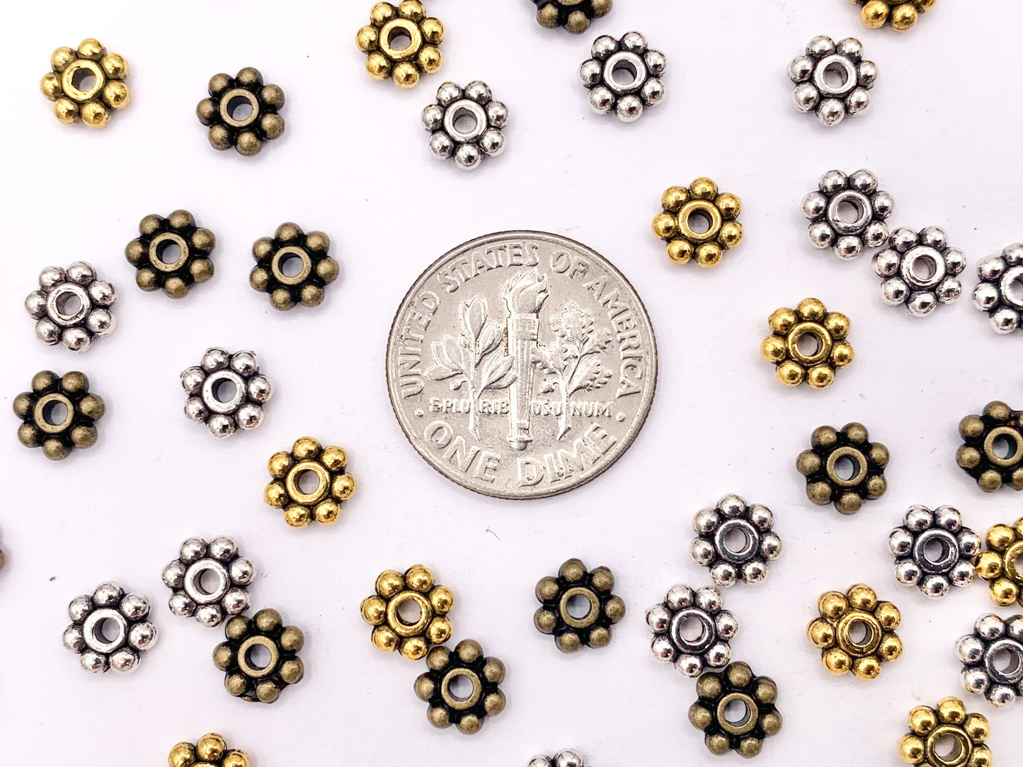 6mm Pewter Tiny Daisy Spacer Beads Cute Flower Space Beads in Gold, Silver, and Bronze Color 125g