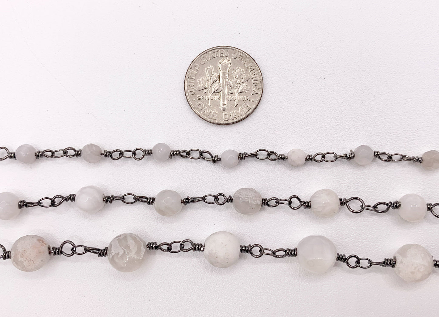 White Lace Agate Round Faceted Rosary Style Beaded Wired Chain With Gunmetal Wire By Spool 4mm 6mm 8mm