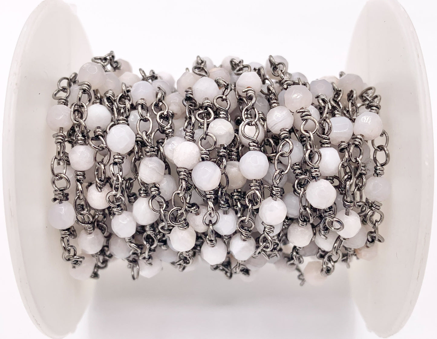 White Lace Agate Round Faceted Rosary Style Beaded Wired Chain With Gunmetal Wire By Spool 4mm 6mm 8mm