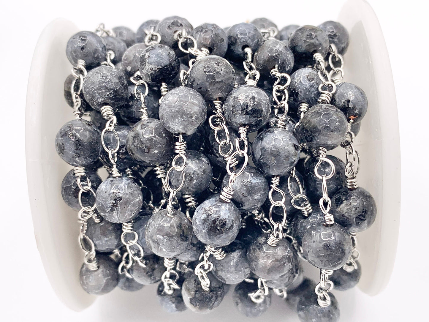 Black Labradorite Round Faceted Rosary Style Beaded Wired Chain With Silver Wire By Spool 4mm 6mm 8mm