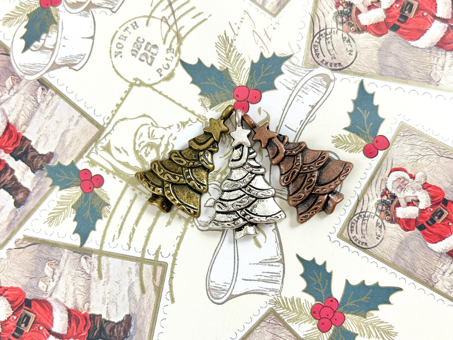 18x29mm Pewter Christmas Tree Charm in Antique Silver, Copper and Brass 125 Grams Bag