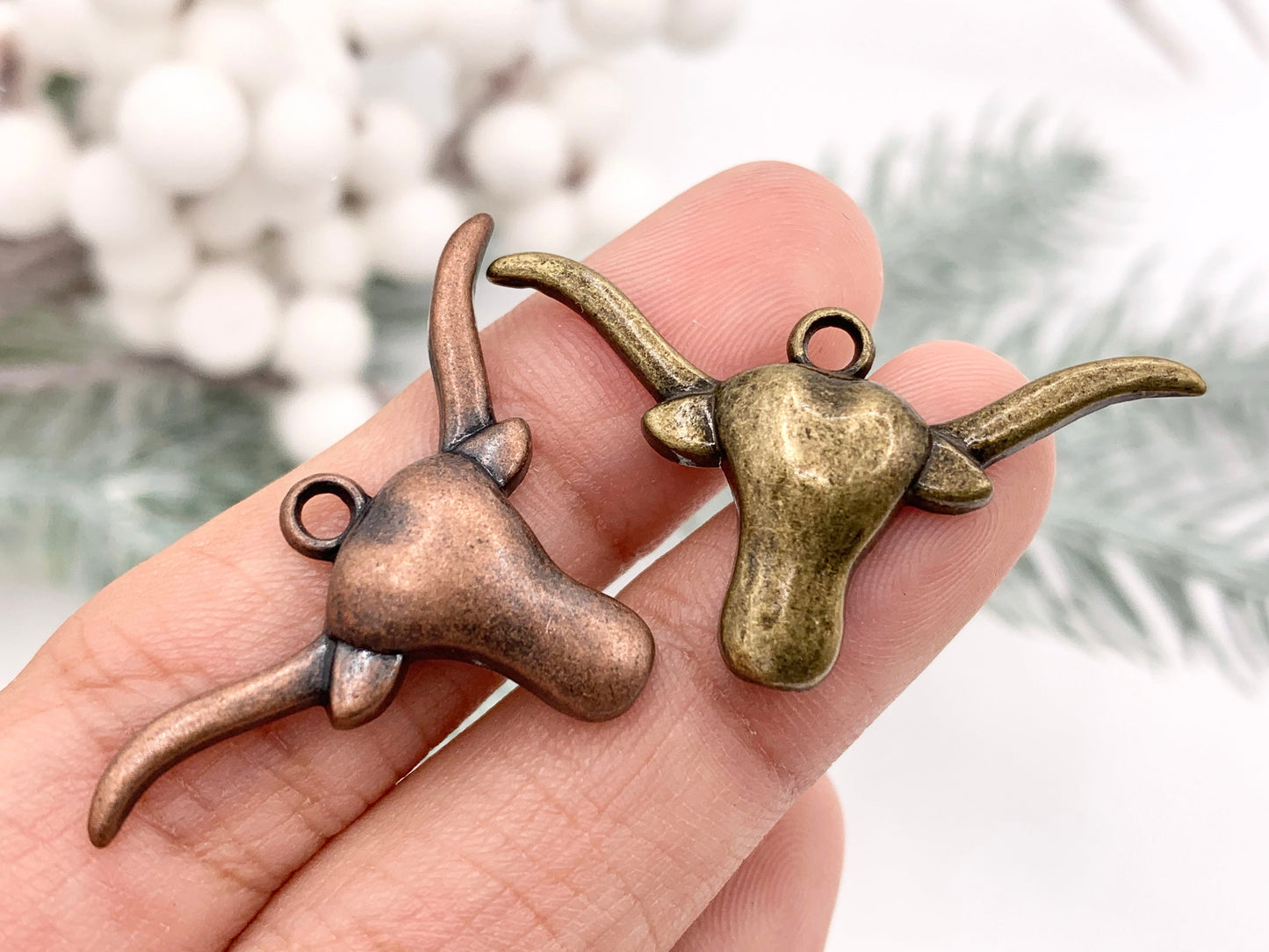 19x35mm Pewter Long Horn Steer Head Pendants Small Bull Head Charms Bulk Order in Gold, Silver, Copper and Brass