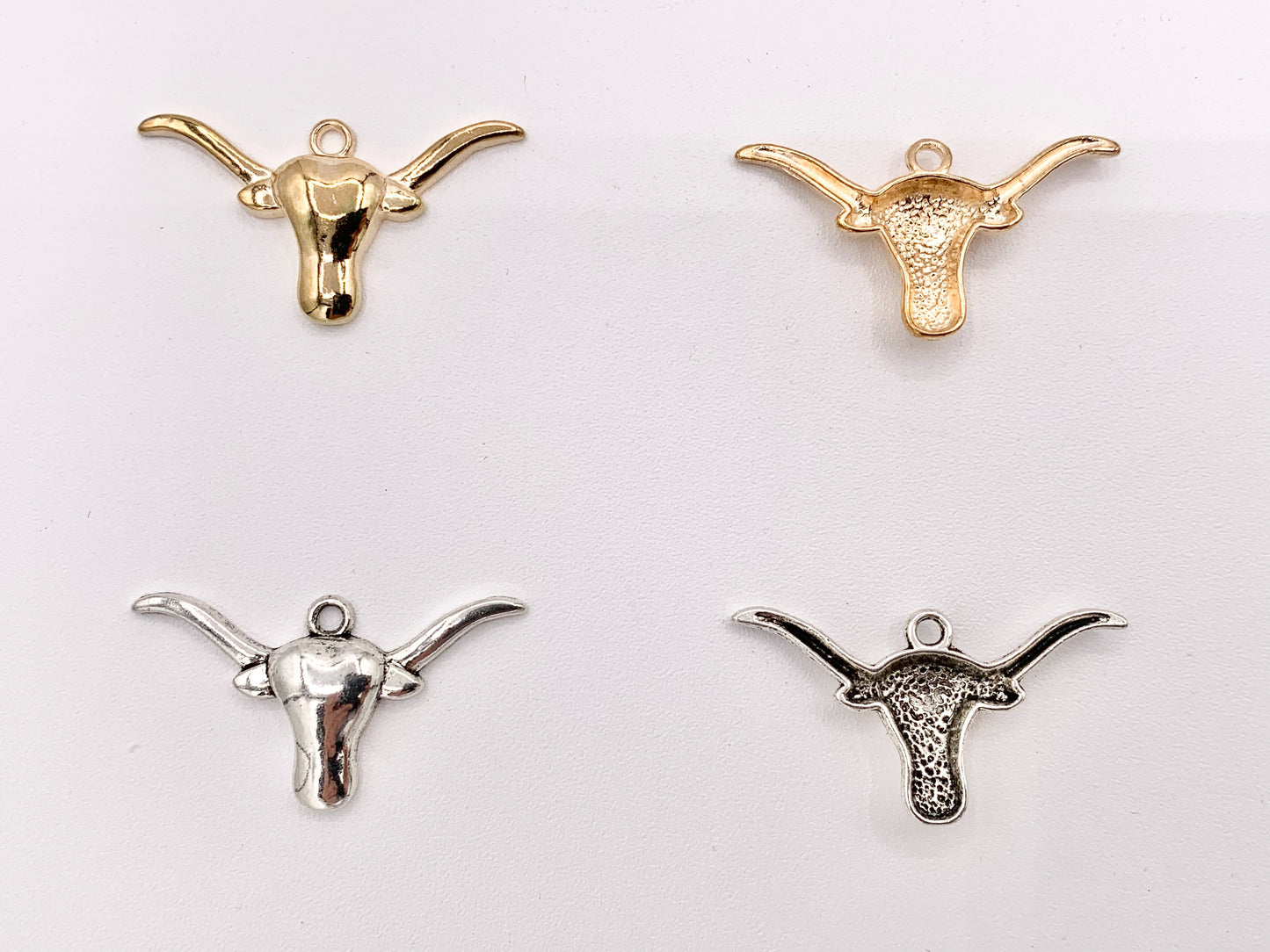 19x35mm Pewter Long Horn Steer Head Pendants Small Bull Head Charms Bulk Order in Gold, Silver, Copper and Brass