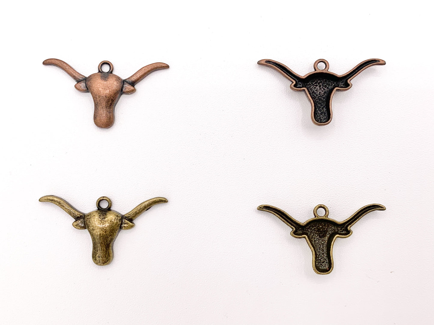 19x35mm Pewter Long Horn Steer Head Pendants Small Bull Head Charms Bulk Order in Gold, Silver, Copper and Brass