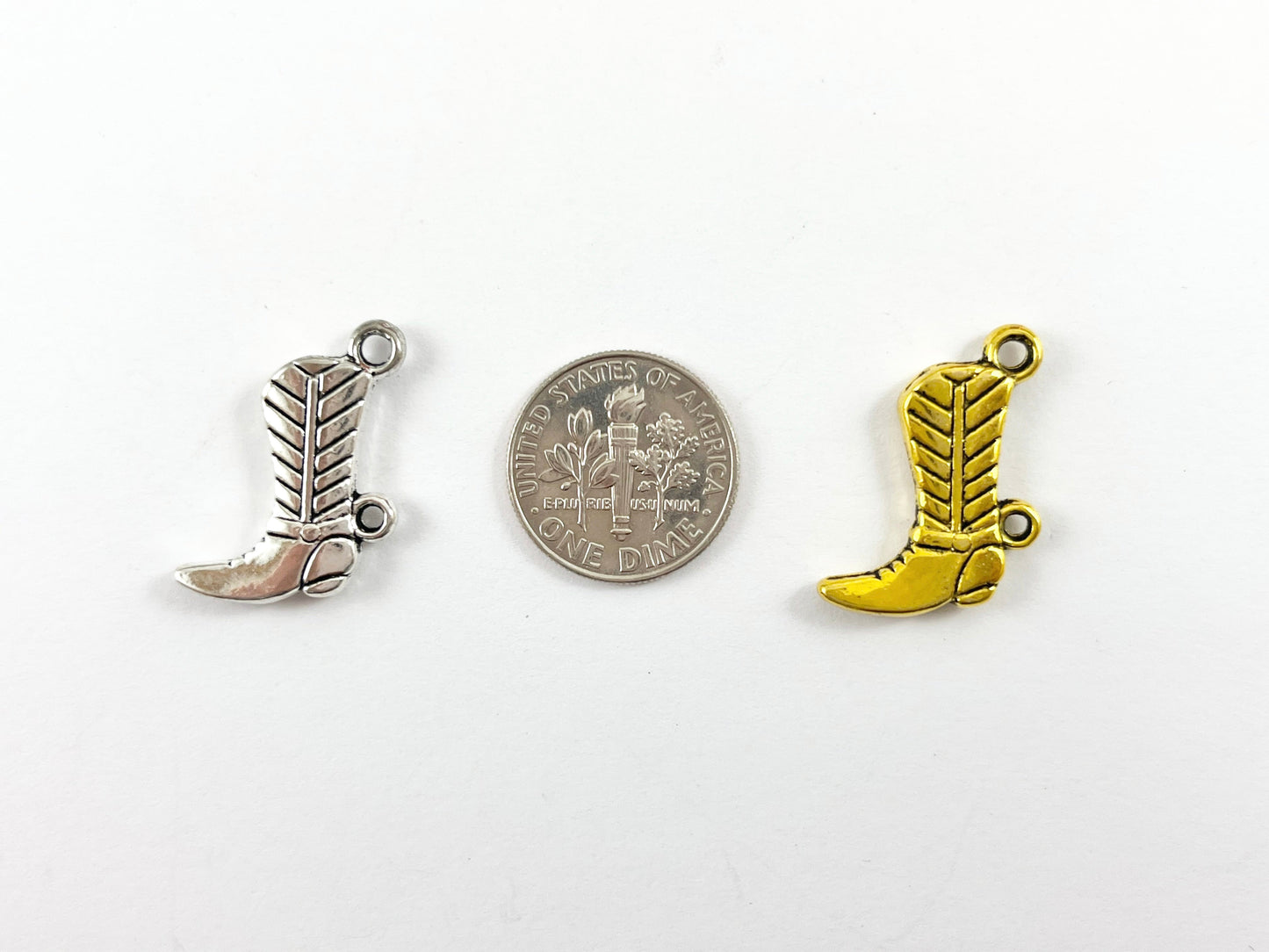 14x18mm Pewter Western Style Boots Double Sided Charm in Antique Gold, Silver And Copper | Bulk Option Available
