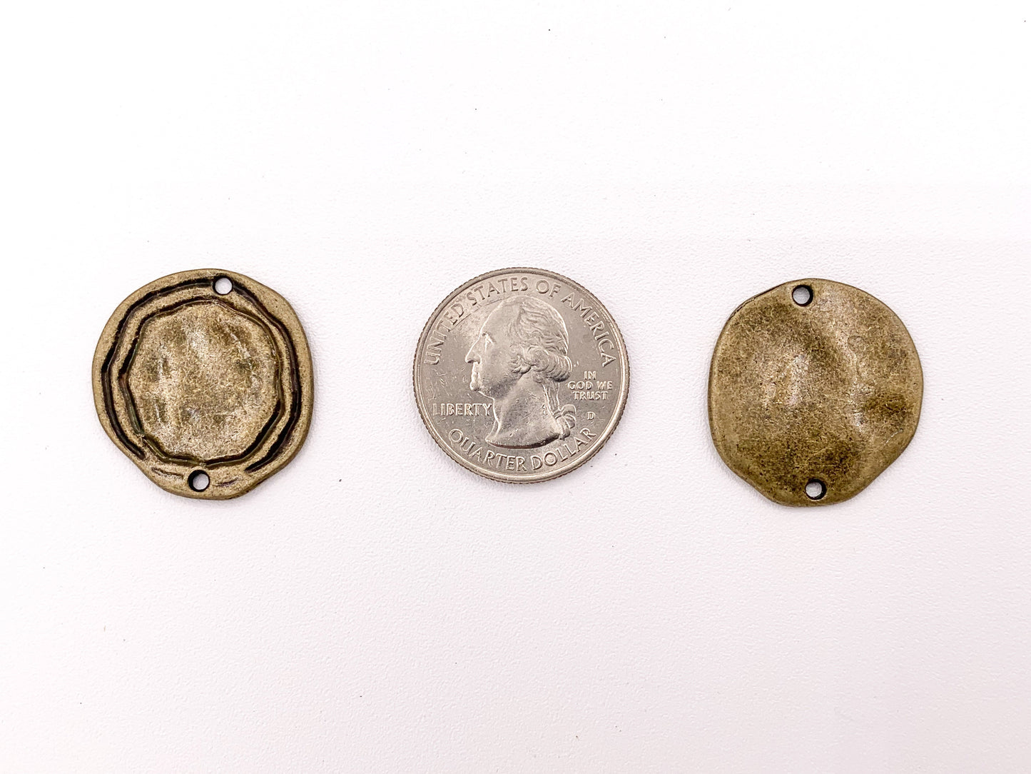 24mm Pewter Swirl Circle Pendants Quarter Size Flat Coin 2 Holes Connectors Bulk Order in Gold, Rosy Gold, Silver, Brass and Gunmetal