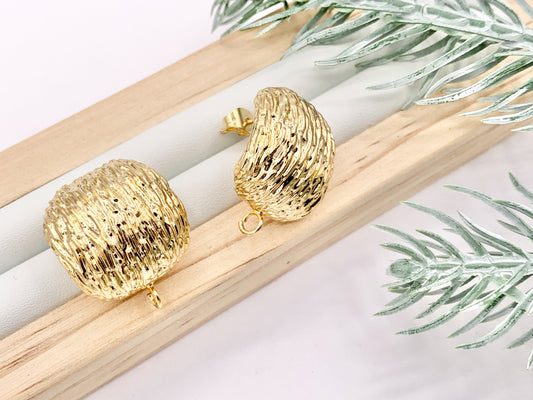 Textured Puffy Square Earring Findings Component with Loop in 18K Gold plated Copper 4 PAIRS