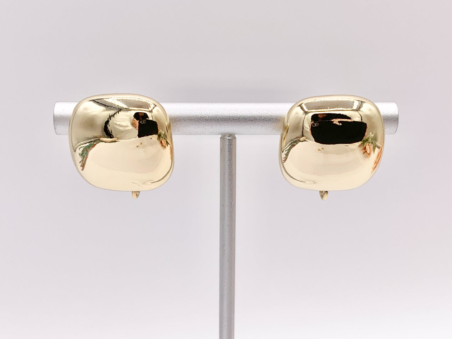 Shiny Puffy Square Earring Findings Component with Loop in 18K Gold plated Copper 4 PAIRS